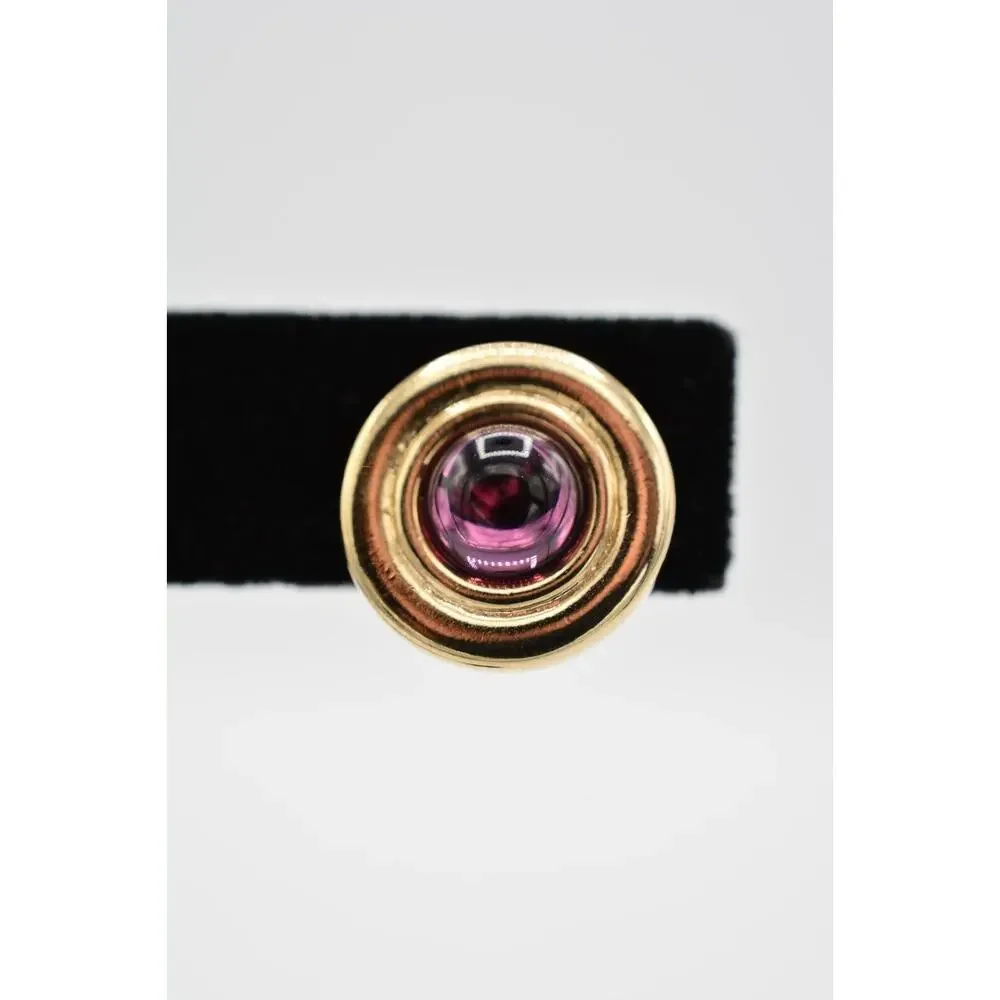 Vintage Cabochon Clip On Earrings Purple Round Gold Tone Jewelry Huggie 1980s 9L